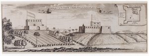Sydvestlig udsigt til de engelske og hollandske forter ved Sakkundi, ca. 1744